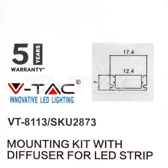 V-TAC VT-2873 Монтажен Kитс Дифузер за LED Лента Алуминиев Черен 2000x17.4x7мм