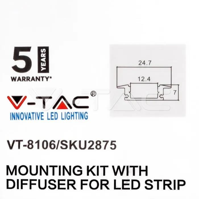 V-TAC VT-2875 Монтажен Kитс Дифузер за LED Лента Алуминиев Черен 2000x24.7x7мм