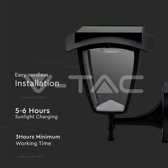 V-TAC VT-2892 2W LED Соларна Стенна Лампа Черен Мат 3000К+6000К