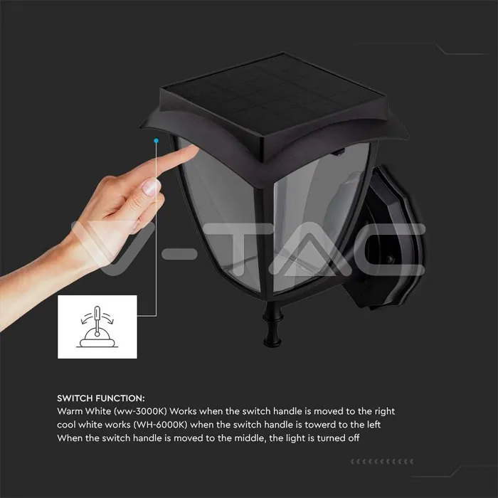 V-TAC VT-2892 2W LED Соларна Стенна Лампа Черен Мат 3000К+6000К