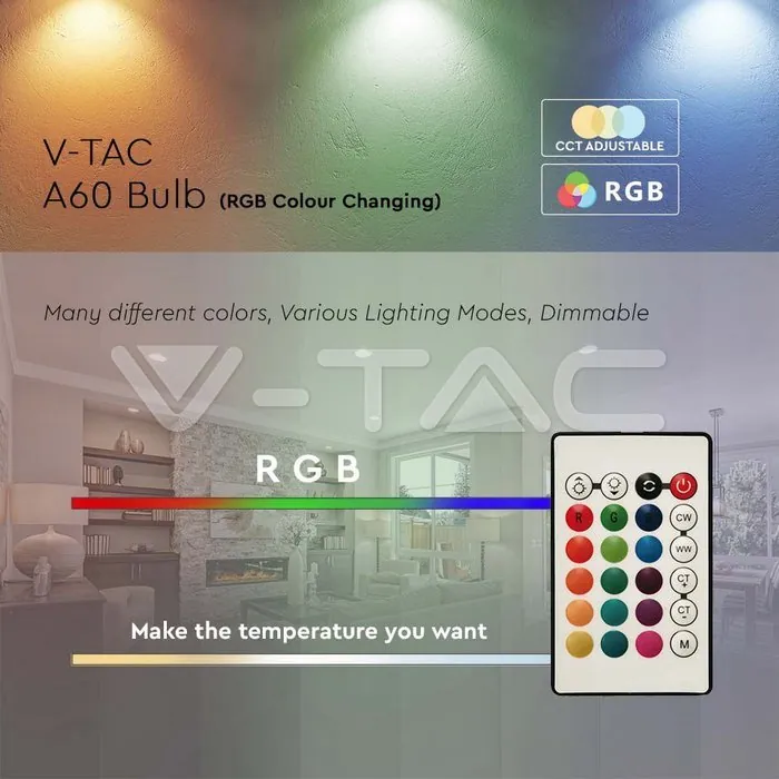 V-TAC VT-2928 LED Крушка 8.5W E27 A60 Дистанционно RGB+4000K Димираща