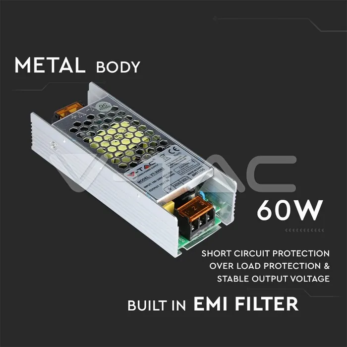 V-TAC VT-3246 LED Slim Захранване 60W 12V 5A Метал