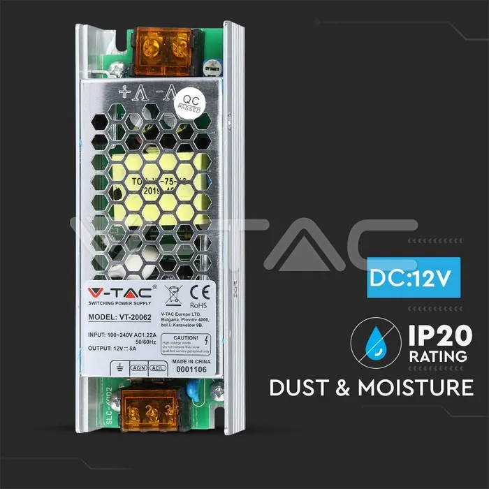V-TAC VT-3246 LED Slim Захранване 60W 12V 5A Метал