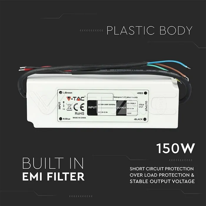 V-TAC VT-3248 LED Захранване Slim Plastic 150W 12V IP67
