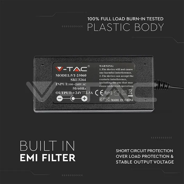 V-TAC VT-3264 LED Захранване 60W 24V 2.5A IP44 Пластик