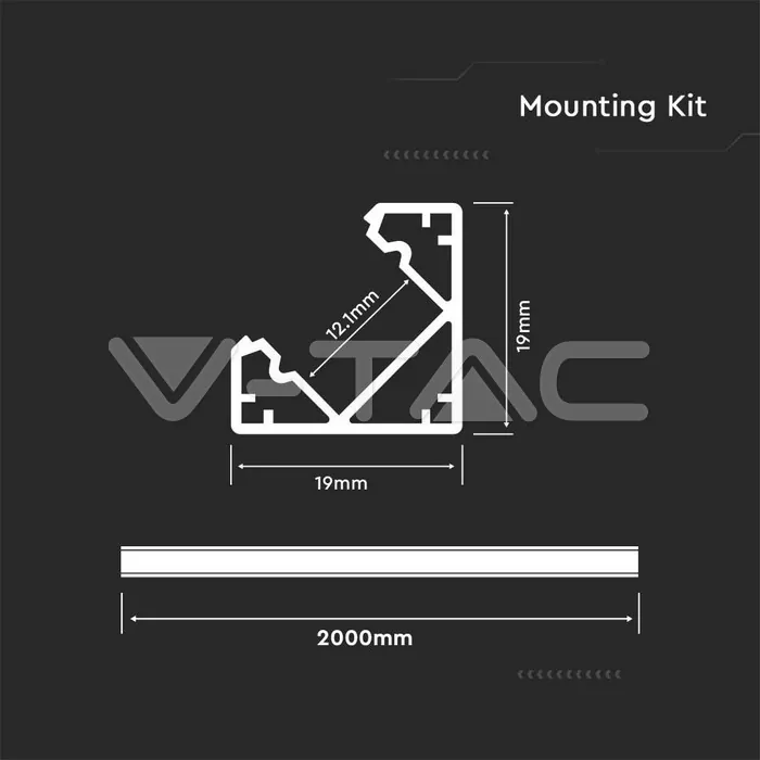 V-TAC VT-3356 Монтажен Kит С Дифузер За LED Лента Алуминиев Мат 2000 x 19 x 19mm