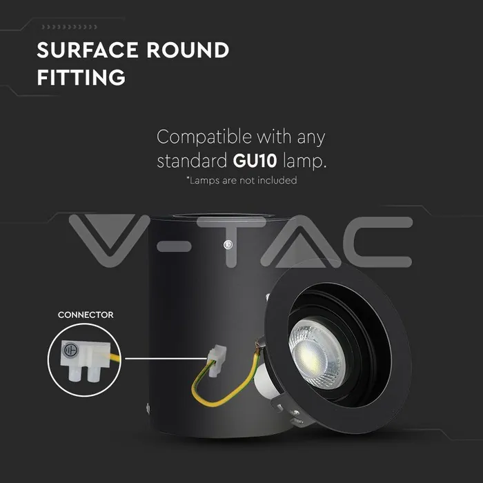 V-TAC VT-3628 GU10 Корпус Луна Външен Монтаж Кръг Черeн