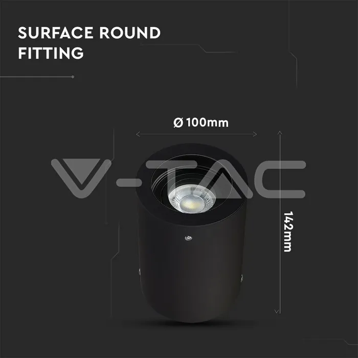 V-TAC VT-3628 GU10 Корпус Луна Външен Монтаж Кръг Черeн