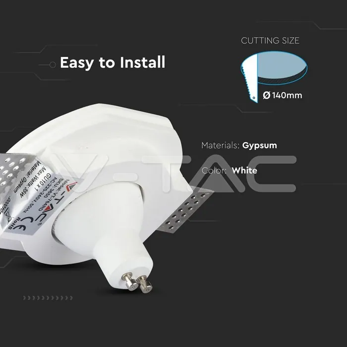 V-TAC VT-3650 GU10 Гипсова Отливка Кръг Бял