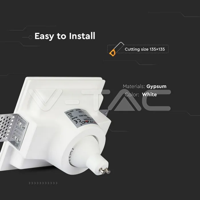 V-TAC VT-3653 GU10 Гипсова Отливка Квадрат Бял