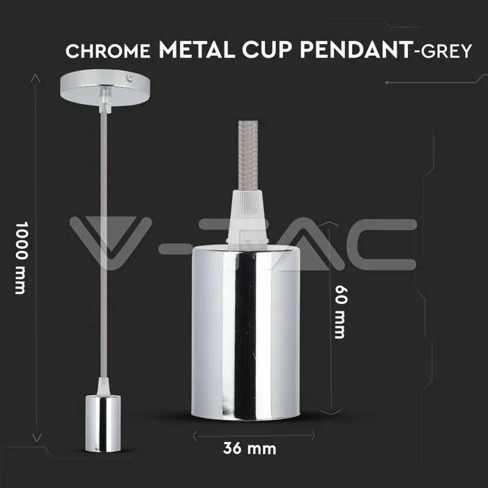 V-TAC VT-3786 Пендел Хромиран Купол Светло Сив Кабел
