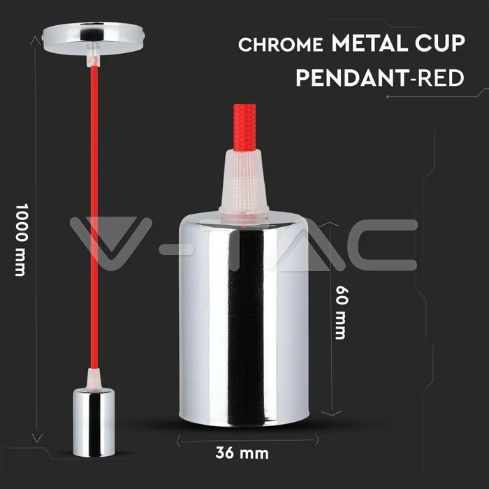 V-TAC VT-3791 Пендел Хромиран Купол Светло Червен Кабел