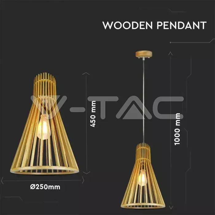 V-TAC VT-40521 Дървен Пендел E27 Дърво D250 x H450мм