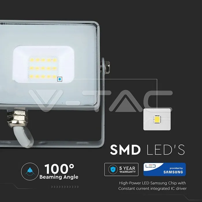 V-TAC VT-432 10W LED Прожектор SAMSUNG Чип SMD Сиво Тяло 6400K