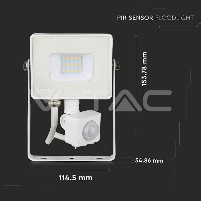 V-TAC VT-433 10W LED Прожектор Сензор SAMSUNG Чип Бяло Тяло 3000K