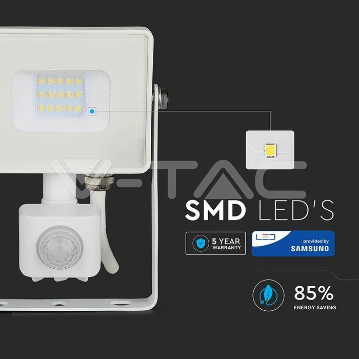 V-TAC VT-433 10W LED Прожектор Сензор SAMSUNG Чип Бяло Тяло 3000K