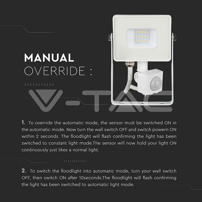 V-TAC VT-433 10W LED Прожектор Сензор SAMSUNG Чип Бяло Тяло 3000K