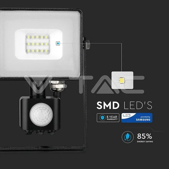 V-TAC VT-436 10W LED Прожектор Сензор SAMSUNG Чип Черно Тяло 3000K