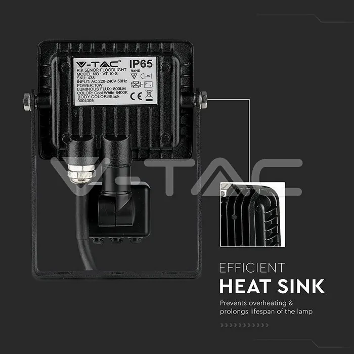 V-TAC VT-436 10W LED Прожектор Сензор SAMSUNG Чип Черно Тяло 3000K