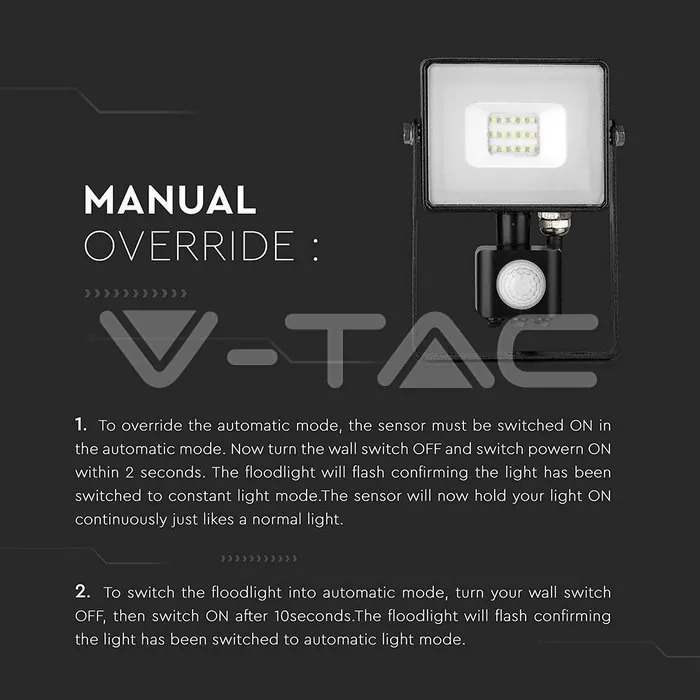V-TAC VT-436 10W LED Прожектор Сензор SAMSUNG Чип Черно Тяло 3000K