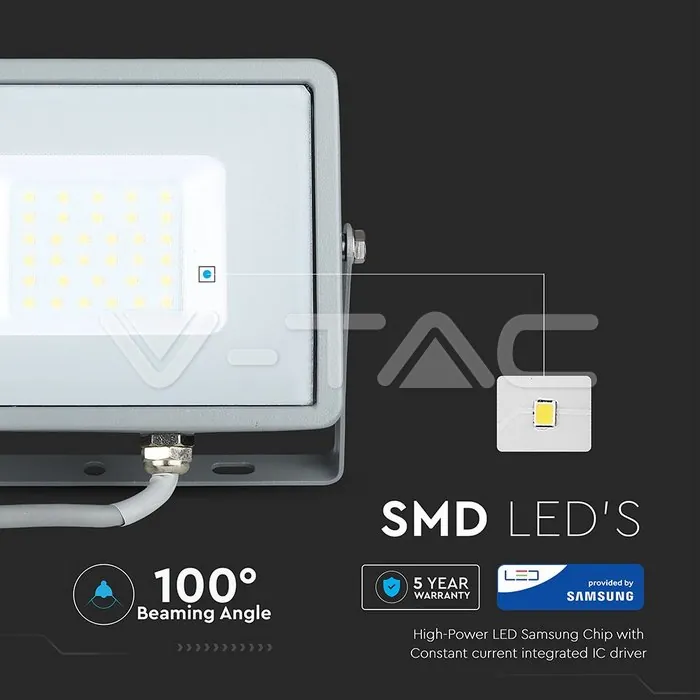 V-TAC VT-454 30W LED Прожектор SAMSUNG Чип SMD Сиви Тяло 3000K