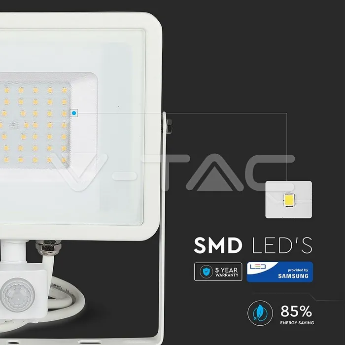 V-TAC VT-467 50W LED Прожектор Сензор SAMSUNG Чип Бяло Тяло 4000K