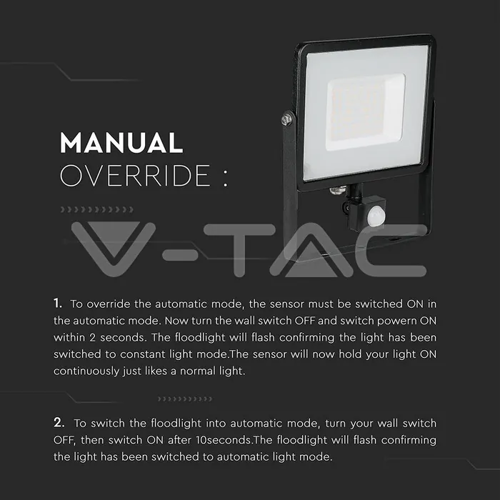 V-TAC VT-471 50W LED Прожектор Сензор SAMSUNG Чип Черно Тяло 6400K
