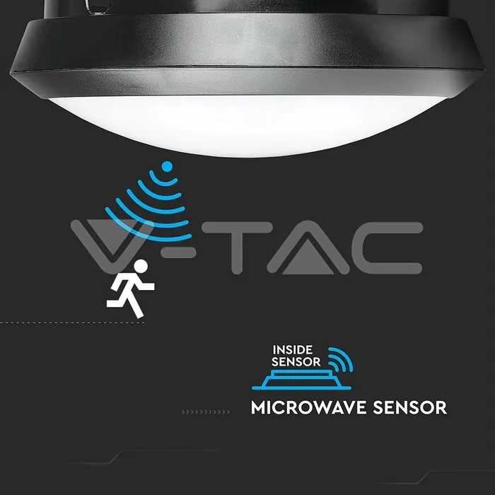 V-TAC VT-4981 12W LED Кръгло Тяло Външен Монтаж Сензор черно Тяло Топло Бяла Светлина