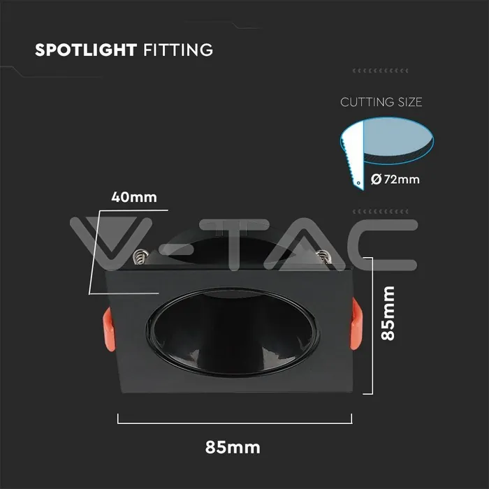 V-TAC VT-6652 GU10 Корпус Квадрат Черна Рамка с Черен Рефлектор