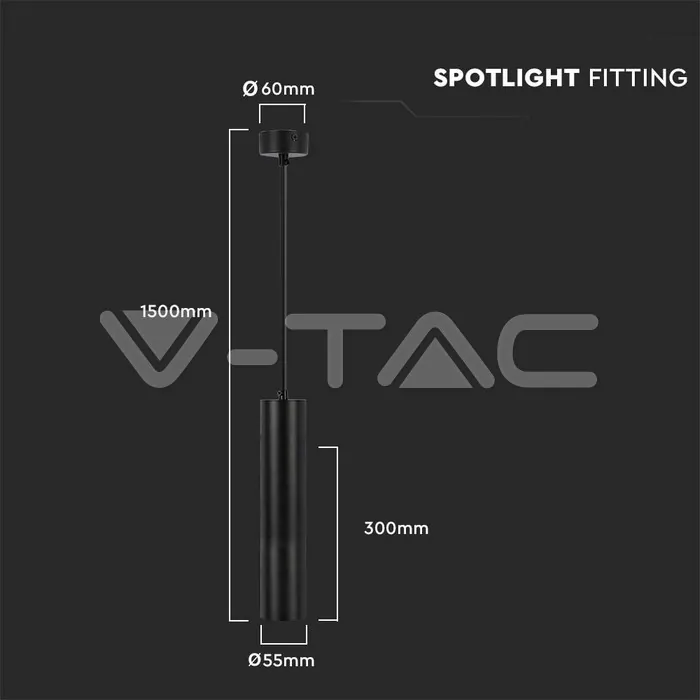 V-TAC VT-6686 1xGU10 Корпус Пендел Черен D:60x300мм
