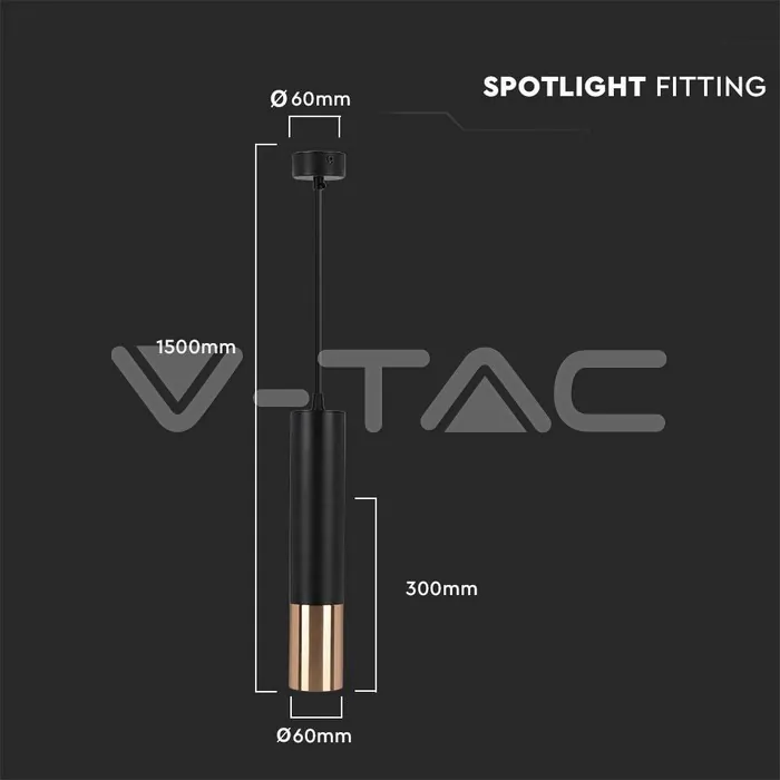 V-TAC VT-6688 1xGU10 Корпус Пендел Черен + Златно D:60x300мм