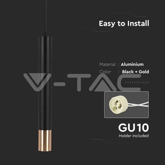 V-TAC VT-6689 1xGU10 Корпус Пендел Черен + Златно D:60x500мм