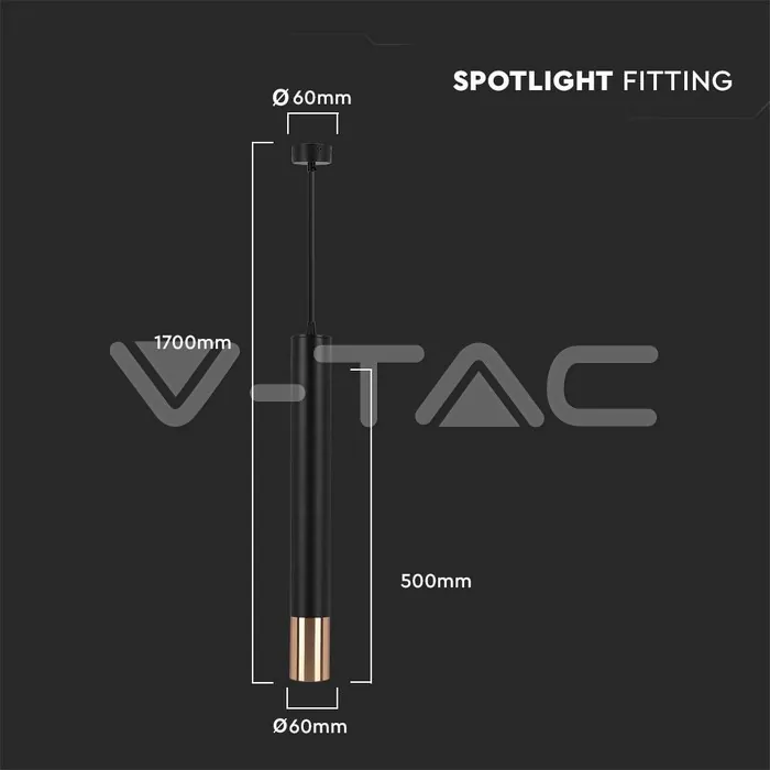 V-TAC VT-6689 1xGU10 Корпус Пендел Черен + Златно D:60x500мм
