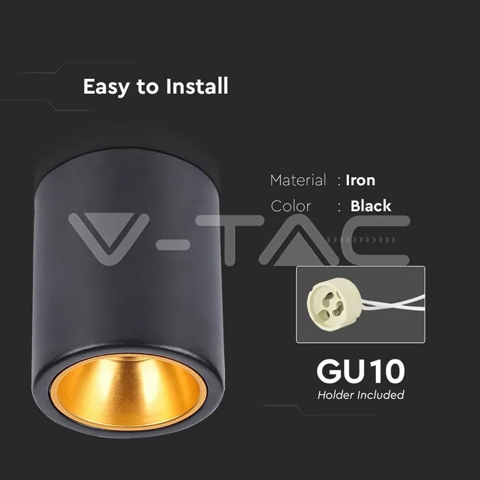 V-TAC VT-6691 Външен Корпус GU10 Кръг Черен