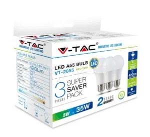V-TAC VT-7266 LED Крушка 5W E27 A55 Термо Пластик Топло Бяла Светлина 3 бр./Сет