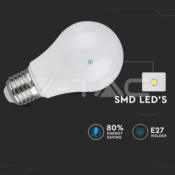 V-TAC VT-7290 LED Крушка 9W А60 Е27 3-Степенно Димиране Бяла Светлина Блистер 2 бр.