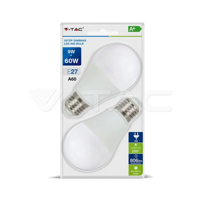 V-TAC VT-7289 LED Крушка 9W А60 Е27 3-Степенно Димиране Неутрална Светлина Блистер 2 бр.