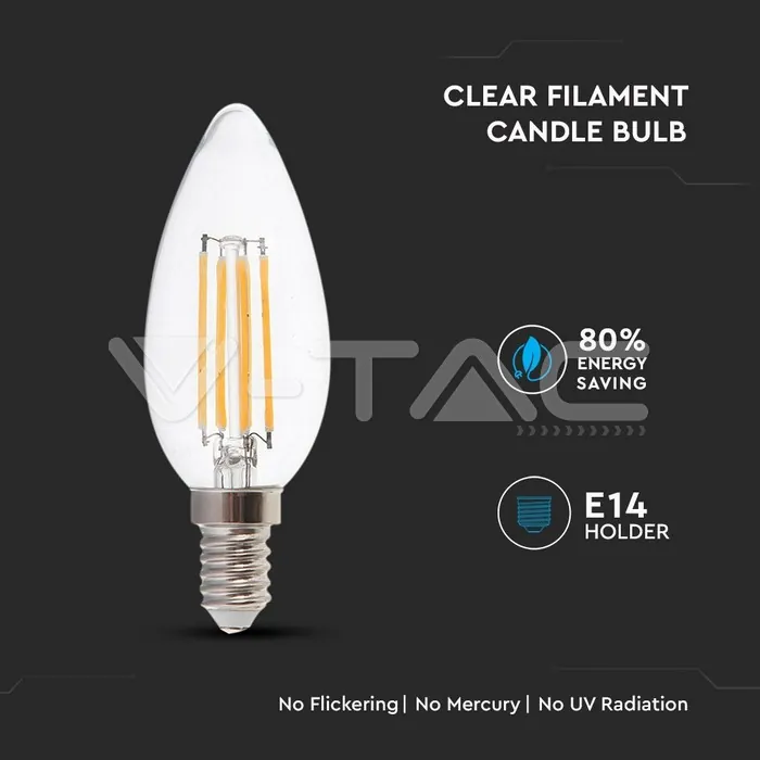V-TAC VT-7365 LED Крушка 4W Filament E14 Кендъл Мат Топла светлина 2бр/Блистер