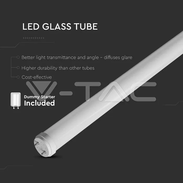V-TAC VT-7796 LED Пура T8 9W 60 см G13 Стъклена 3000К 25бр./Кашон
