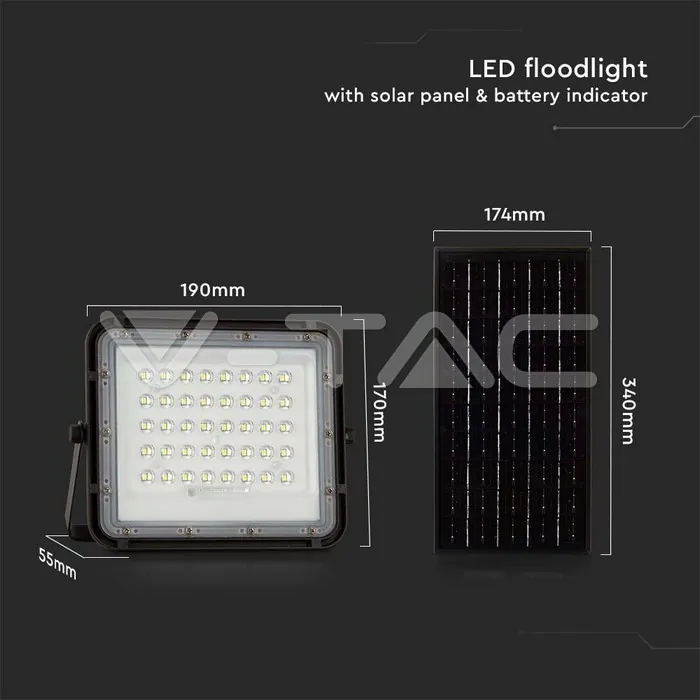 V-TAC VT-7824 10W LED Соларен Прожектор 4000K Сменяема Батерия Черно Тяло
