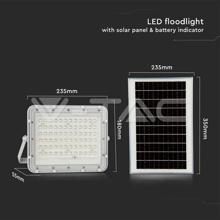 V-TAC VT-7843 15W LED Соларен Прожектор 6400K Сменяема Батерия Бяло Тяло