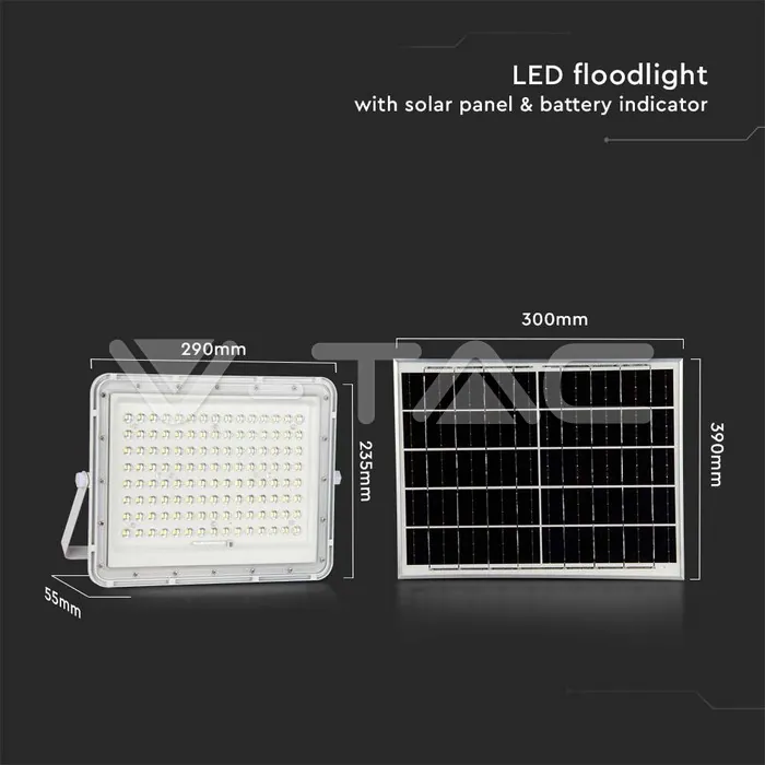 V-TAC VT-7845 20W LED Соларен Прожектор 6400K Сменяема Батерия Бяло Тяло