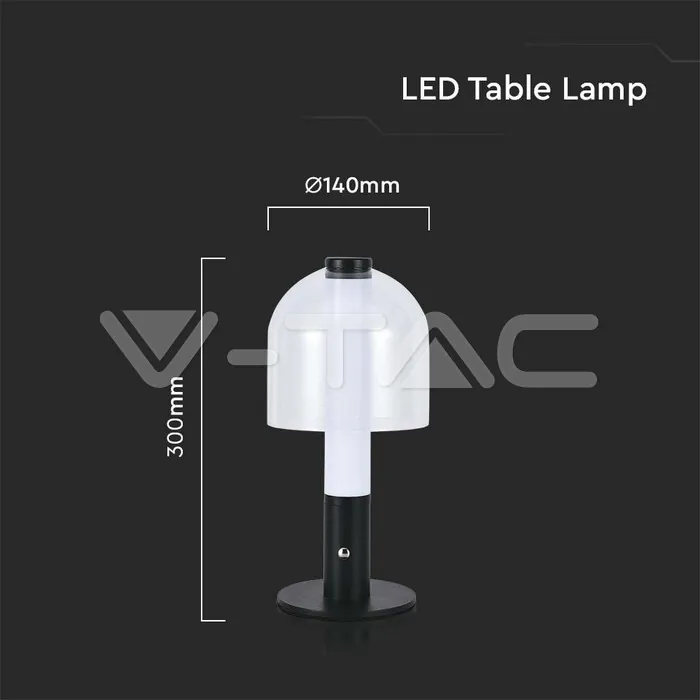 V-TAC VT-7988 LED Настолна Лампа 1800mAh Батерия 140x 300 3 в 1 Черно + Прозрачно Стъклено Тяло