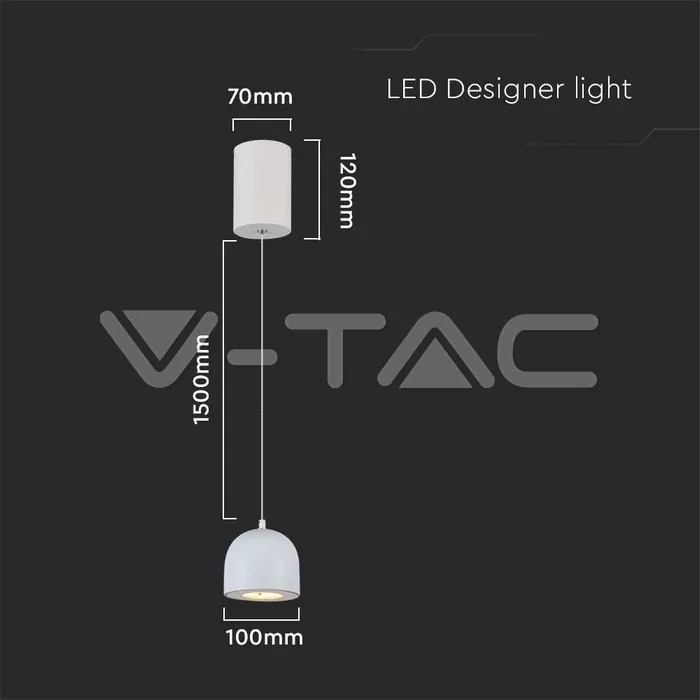 V-TAC VT-7993 8.5W LED Висяща Лампа Φ100 Бяло Тяло 3000K