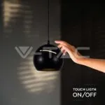 V-TAC VT-8001 8.5W LED Висяща Лампа Φ180 Регулируемо Въже Touch On/Off Черно Тяло 3000K