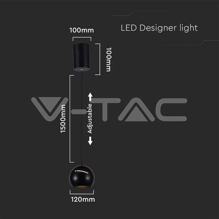 V-TAC VT-8001 8.5W LED Висяща Лампа Φ180 Регулируемо Въже Touch On/Off Черно Тяло 3000K