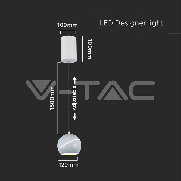 V-TAC VT-8002 8.5W LED Висяща Лампа Φ180 Регулируемо Въже Touch On/Off Бяло Тяло 3000K