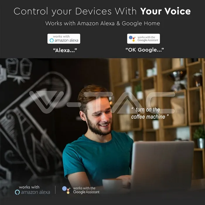 V-TAC VT-8415 WIFI SMART Контакт Преносим Съвместим с Amazon Alexa & Google Home