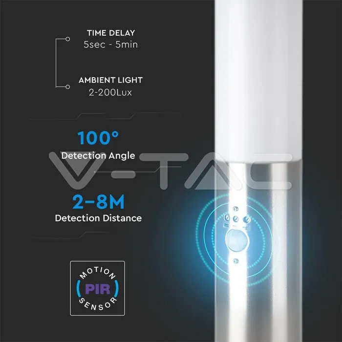 V-TAC VT-8964 Е27 Градинска Лампа 45cm PIR Сензор Неръждавейка Стомана Сатен Никел IP44