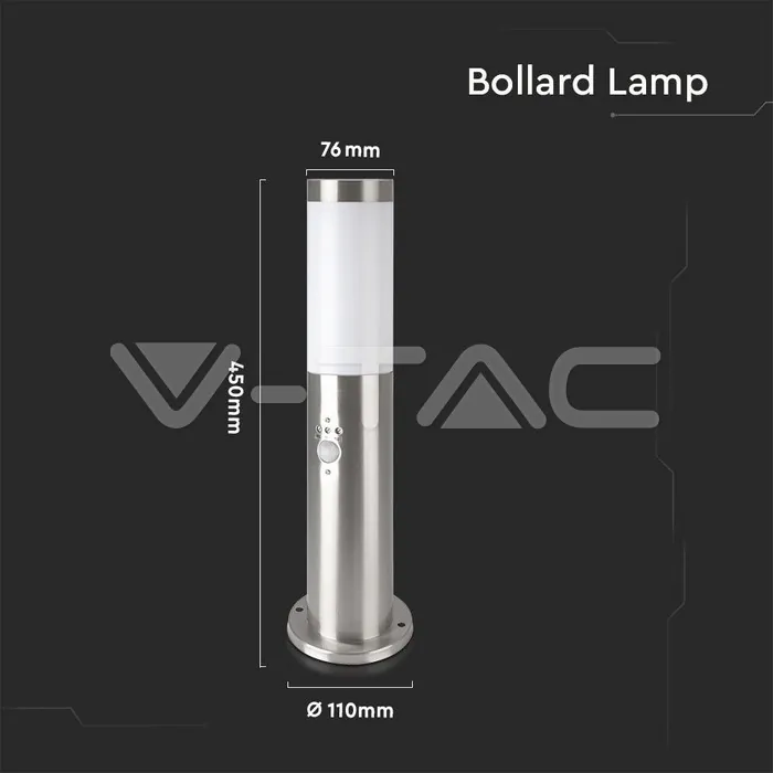 V-TAC VT-8964 Е27 Градинска Лампа 45cm PIR Сензор Неръждавейка Стомана Сатен Никел IP44